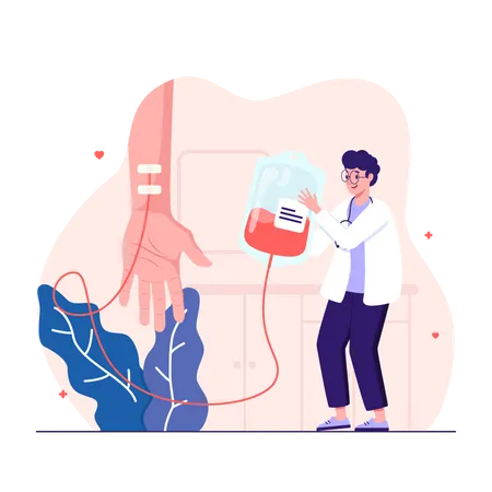 El médico supervisa la transfusión de sangre de la mano humana al recipiente de plástico  Ilustración