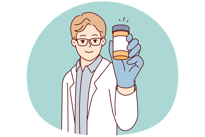 Médico mostra frasco de comprimidos recomendando o uso de medicamentos para tratamento de saúde  Ilustração