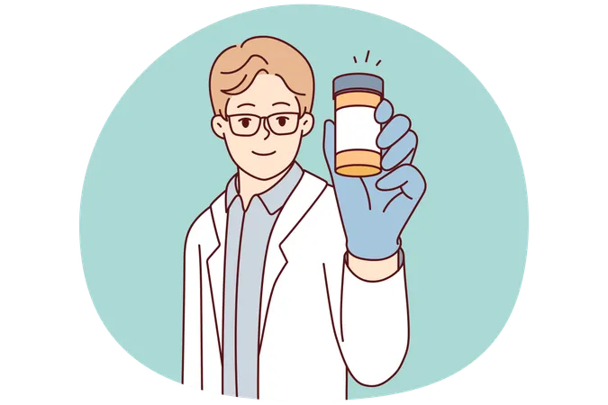 Médico mostra frasco de comprimidos recomendando o uso de medicamentos para tratamento de saúde  Ilustração