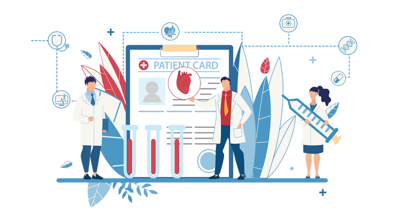 Médico mostrando relatório cardíaco do paciente aos assistentes médicos para melhor tratamento  Illustration