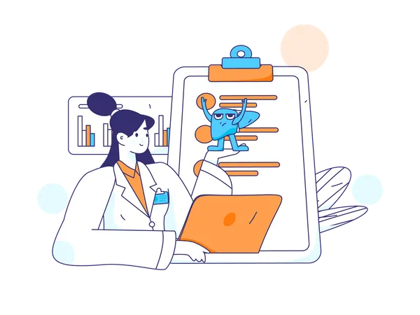 Médico mostrando relatório de exame de fígado  Ilustração