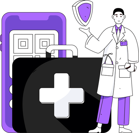 Médico mostrando seguro médico mientras realiza pago QR mediante móvil  Ilustración