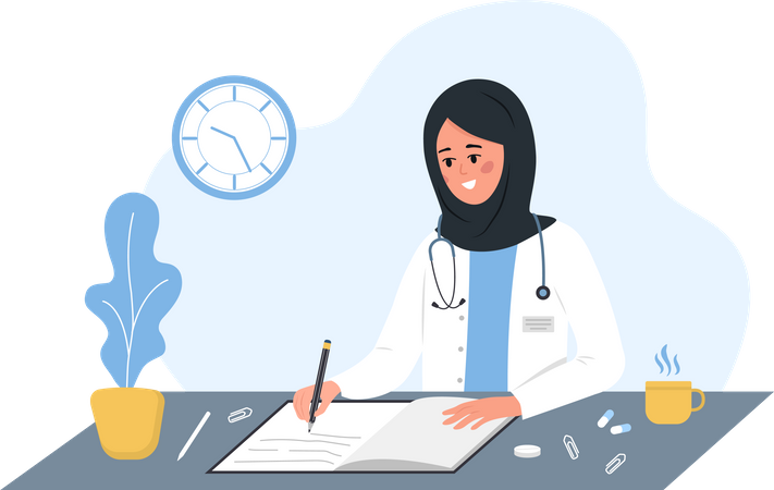 Médico muçulmano escrevendo prescrição médica  Ilustração