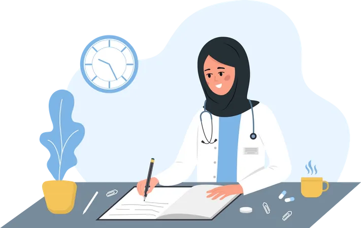 Medica Escrevendo Prescricao Medica Mulher Islamica De Jaleco Branco E Hijab Sentada A Mesa E Escrevendo Receita Para O Paciente Conceito De Saude E Farmacia Ilustracao Vetorial Em Estilo Cartoon Ilustração