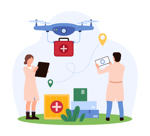 Médico observando drone médico entregando suprimentos  Ilustração