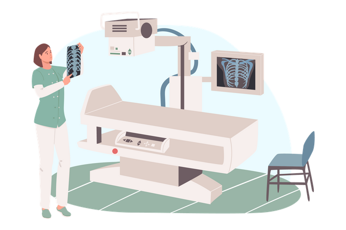 Médico olhando imagem de raio-x na sala de exame radiográfico  Ilustração