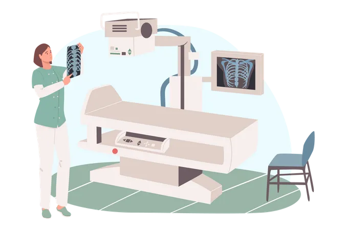 Médico olhando imagem de raio-x na sala de exame radiográfico  Ilustração