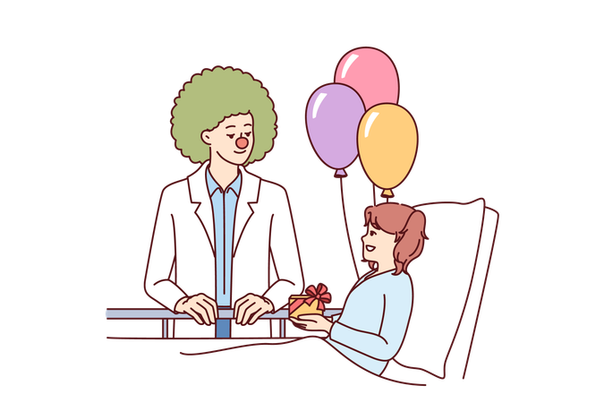 Doctor payaso le da regalo a niño que está en el hospital  Ilustración
