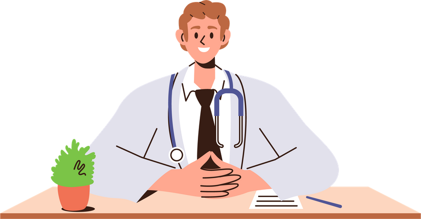 Amable y sonriente médico pediatra con bata de laboratorio esperando sentarse en la mesa de la oficina de la clínica  Ilustración