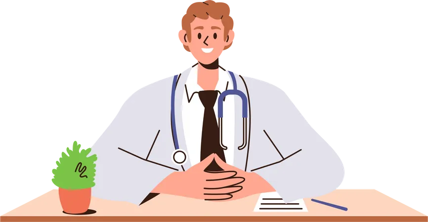 Amable y sonriente médico pediatra con bata de laboratorio esperando sentarse en la mesa de la oficina de la clínica  Ilustración
