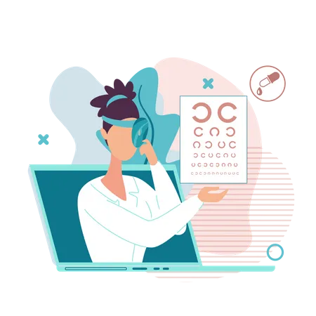 Médico revisando la visión en línea con un gráfico de visión  Ilustración