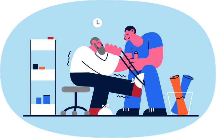Médico que trata una lesión en la pierna de un paciente  Ilustración