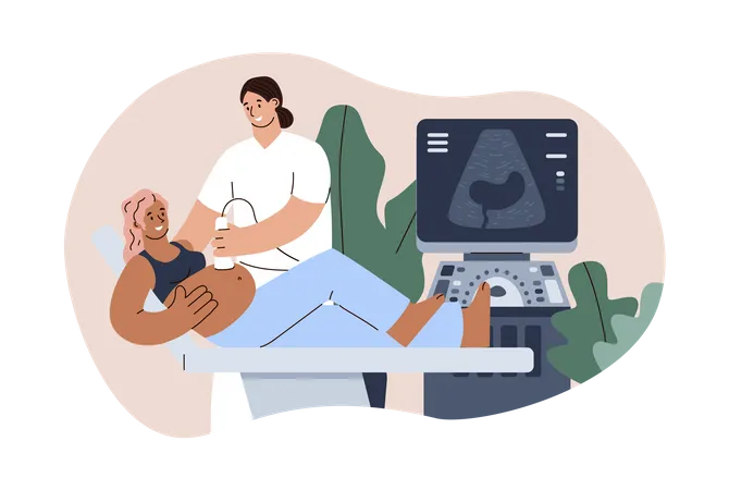 Médico realiza exame de ultrassom de mulher grávida  Ilustração