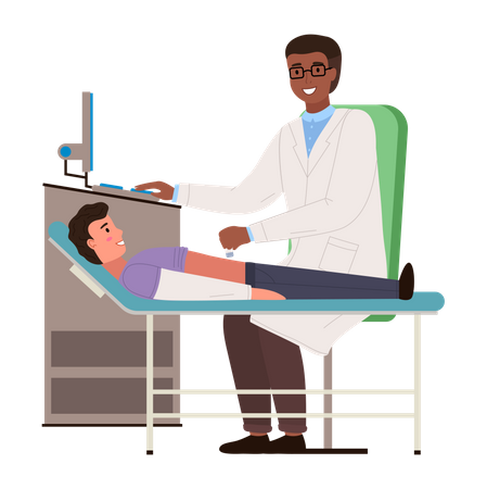 O médico conduz um ultrassom do paciente  Ilustração