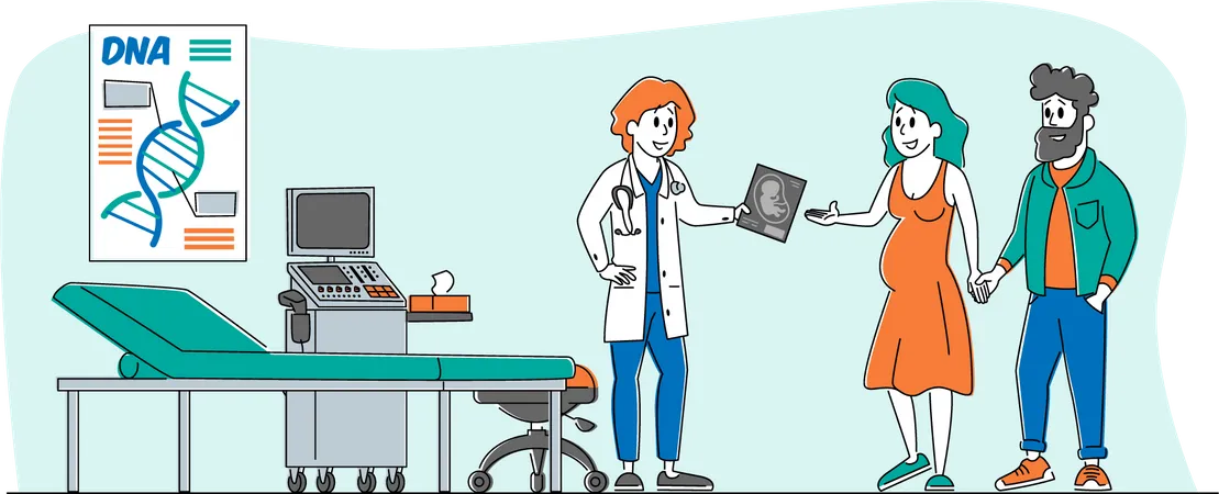 Médico haciendo chequeo de detección por ultrasonido en la clínica  Ilustración