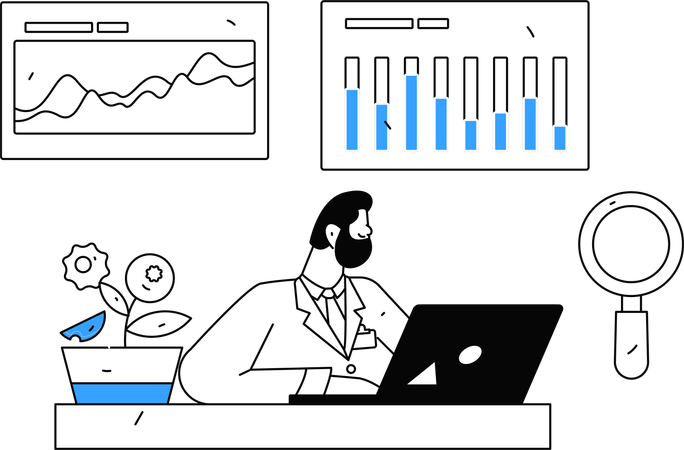 Médico revisando el informe médico del paciente en una computadora portátil  Ilustración