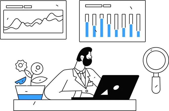 Médico revisando el informe médico del paciente en una computadora portátil  Ilustración