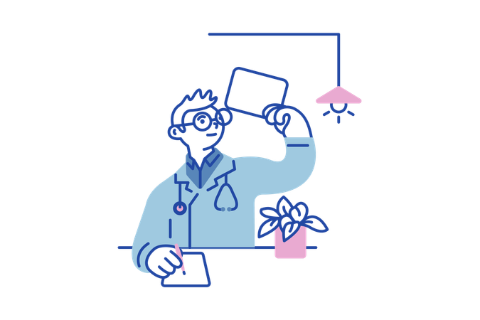 Médico revisando relatório de saúde do paciente  Ilustração