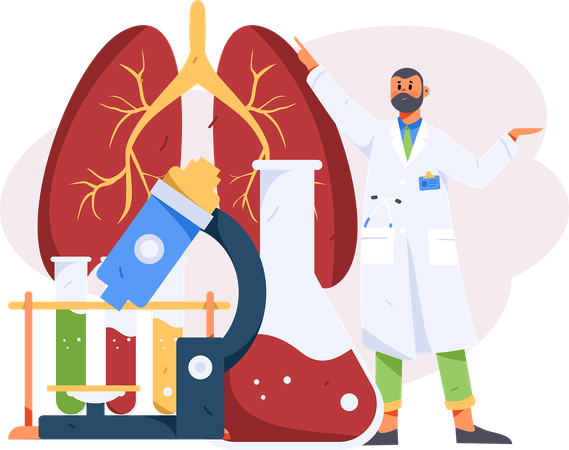 El médico revisa el informe pulmonar y administra medicamentos.  Ilustración