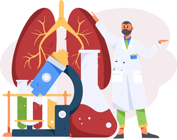 El médico revisa el informe pulmonar y administra medicamentos.  Ilustración