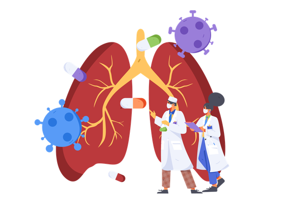 El médico revisa el informe pulmonar y administra medicamentos.  Ilustración