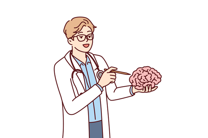 Médico mantém o cérebro na mão explicando o trabalho dos neurônios para estudantes da universidade médica  Ilustração