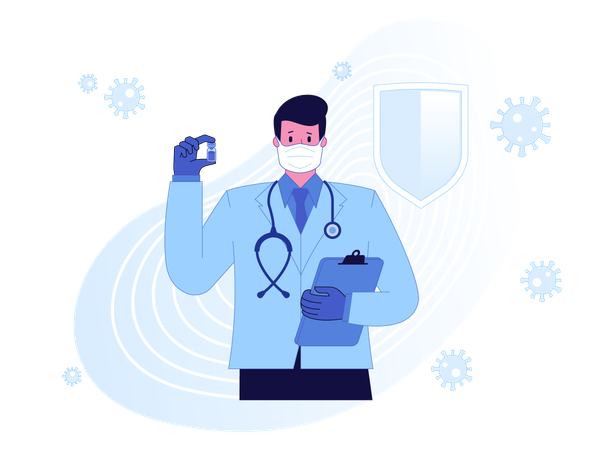 Médico segurando frasco de vacina para proteção contra corona  Illustration