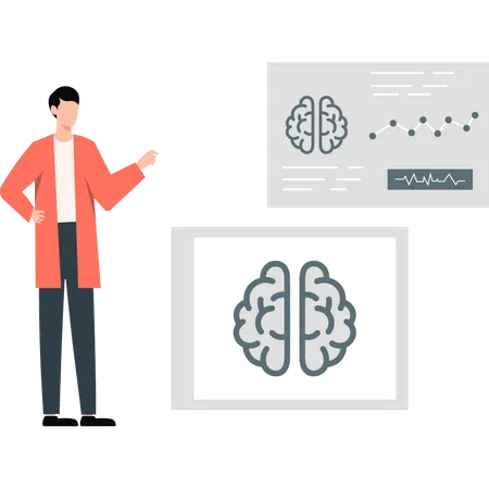 Informe del médico señalando el cerebro humano  Ilustración