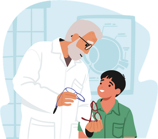 Médico oftalmologista sênior dando óculos para garotinho  Ilustração