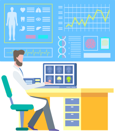 Médico sentado en el lugar de trabajo e investigando el informe de diagnóstico  Ilustración