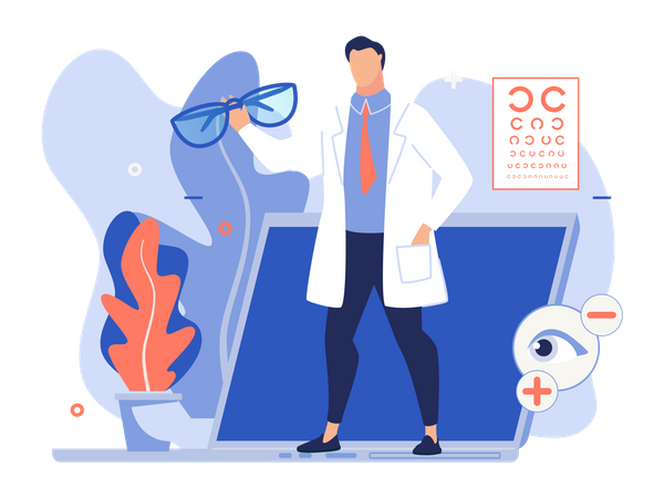 Médico sosteniendo anteojos con concepto de consulta de visión en línea  Ilustración