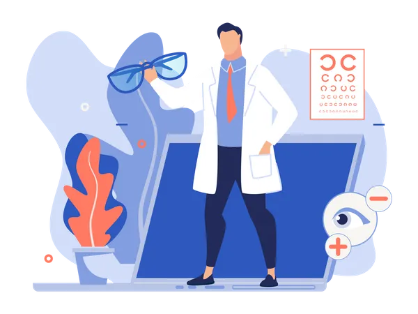 Médico sosteniendo anteojos con concepto de consulta de visión en línea  Ilustración