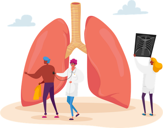 Médico sosteniendo una imagen de rayos X de los pulmones aprendiendo fluorografía del paciente con asma  Ilustración