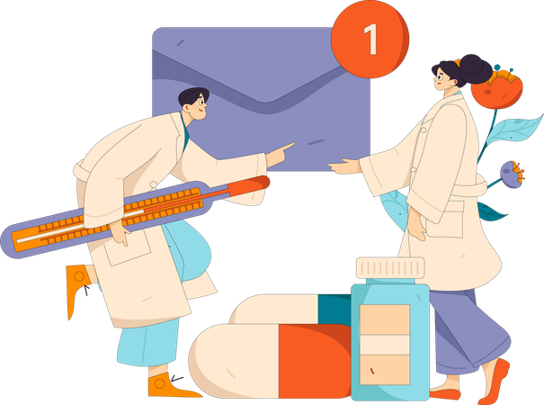Doctor sosteniendo termómetro con correo de informe médico  Ilustración