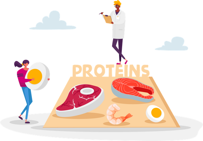 Médico sugerindo alimentos ricos em proteínas  Ilustração