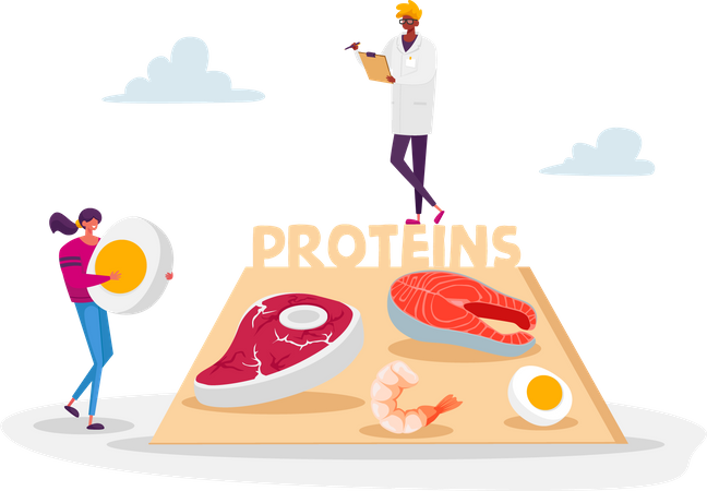 Médico que sugiere alimentos ricos en proteínas  Ilustración
