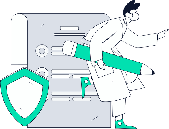Médico trabalha em relatório médico  Ilustração