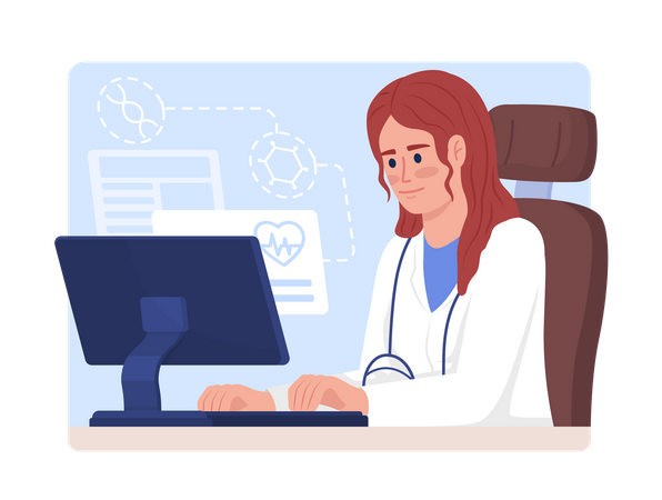 Médico trabalha no computador  Ilustração