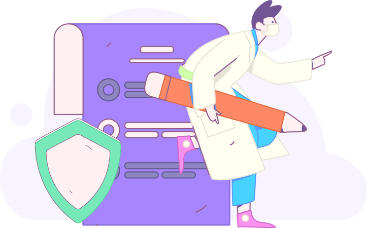 Médico trabalha em relatório médico  Ilustração