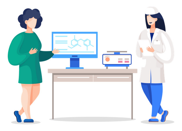 Médico trabalhando com estagiário em laboratório  Ilustração