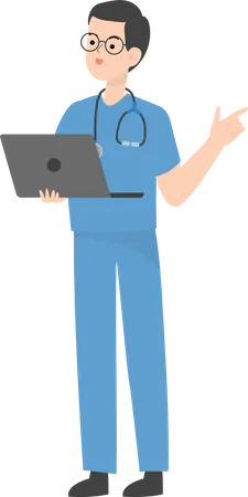 Médico trabalhando no laptop  Ilustração