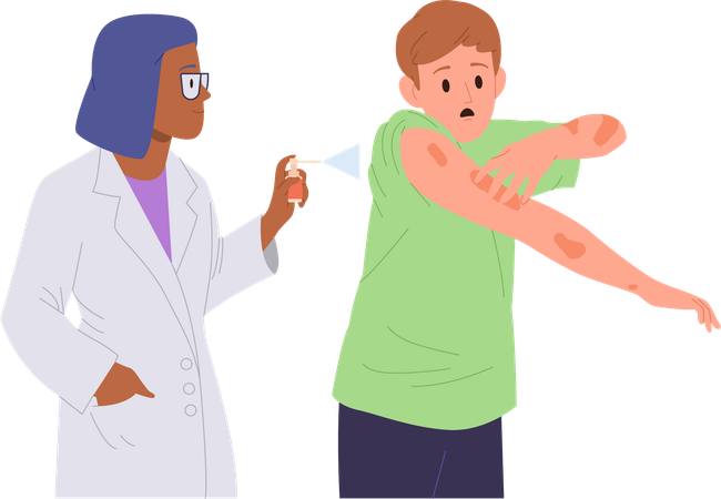 Médico tratando menino que sofre de erupção cutânea com psoríase  Ilustração