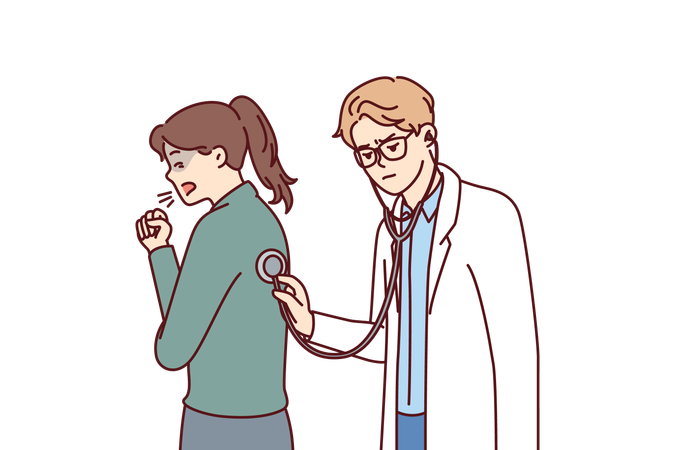 Médico usa estetoscópio examinando paciente com tosse e auscultando mulher que sofre de gripe  Ilustração