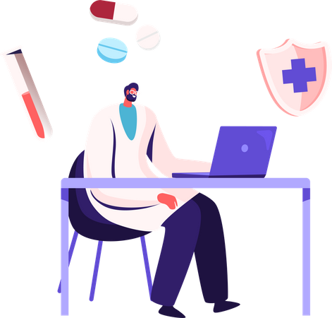 Médico usando dispositivo digital inteligente para ler o relatório  Ilustração