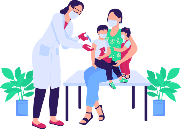 Doctor vacunando a niños  Ilustración