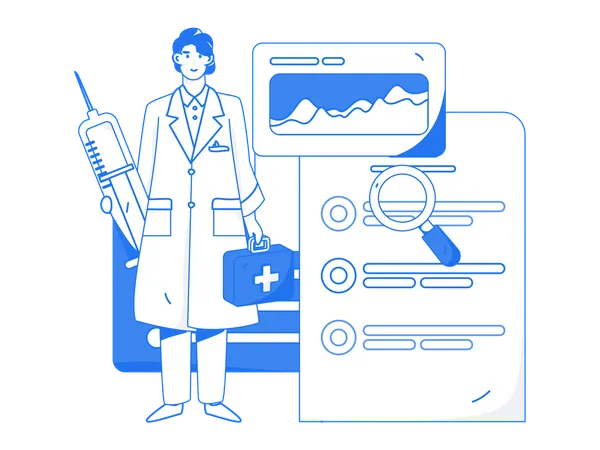 Médico varón llevando vacuna y botiquín de primeros auxilios  Illustration