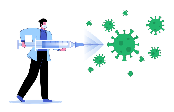 Médico masculino sosteniendo una jeringa enorme para inyectar la vacuna  Ilustración