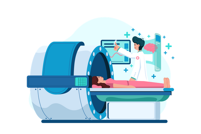 Médico verificando a saúde do paciente usando máquina de ressonância magnética  Ilustração