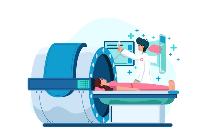 Médico verificando a saúde do paciente usando máquina de ressonância magnética  Ilustração