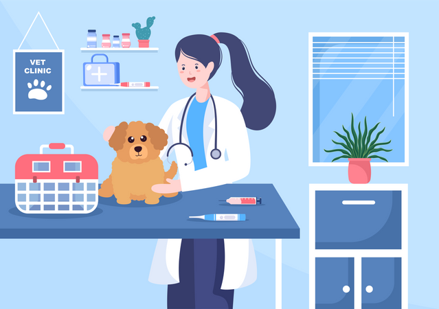 Médico verificando cachorro na clínica veterinária  Ilustração